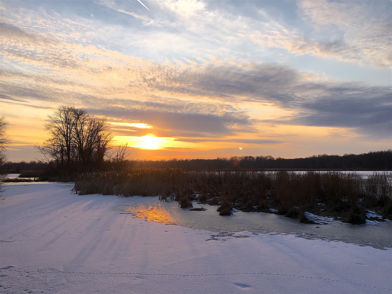 sunset lake snow clouds free photo