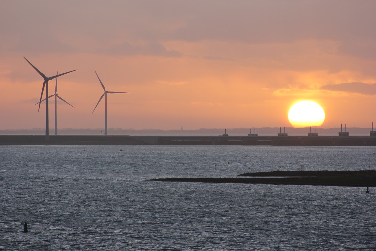 sunset wind mill water free photo