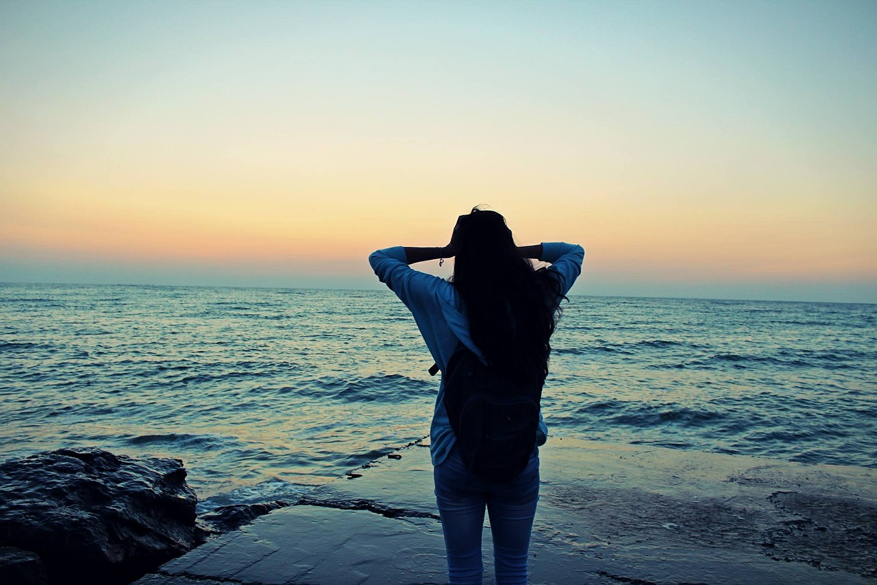 sunset girl horizon free photo