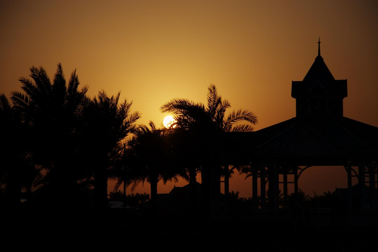 sunset pavilion palm trees free photo