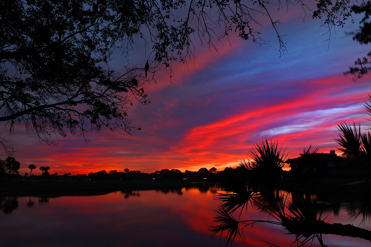 sunset golf course lake free photo