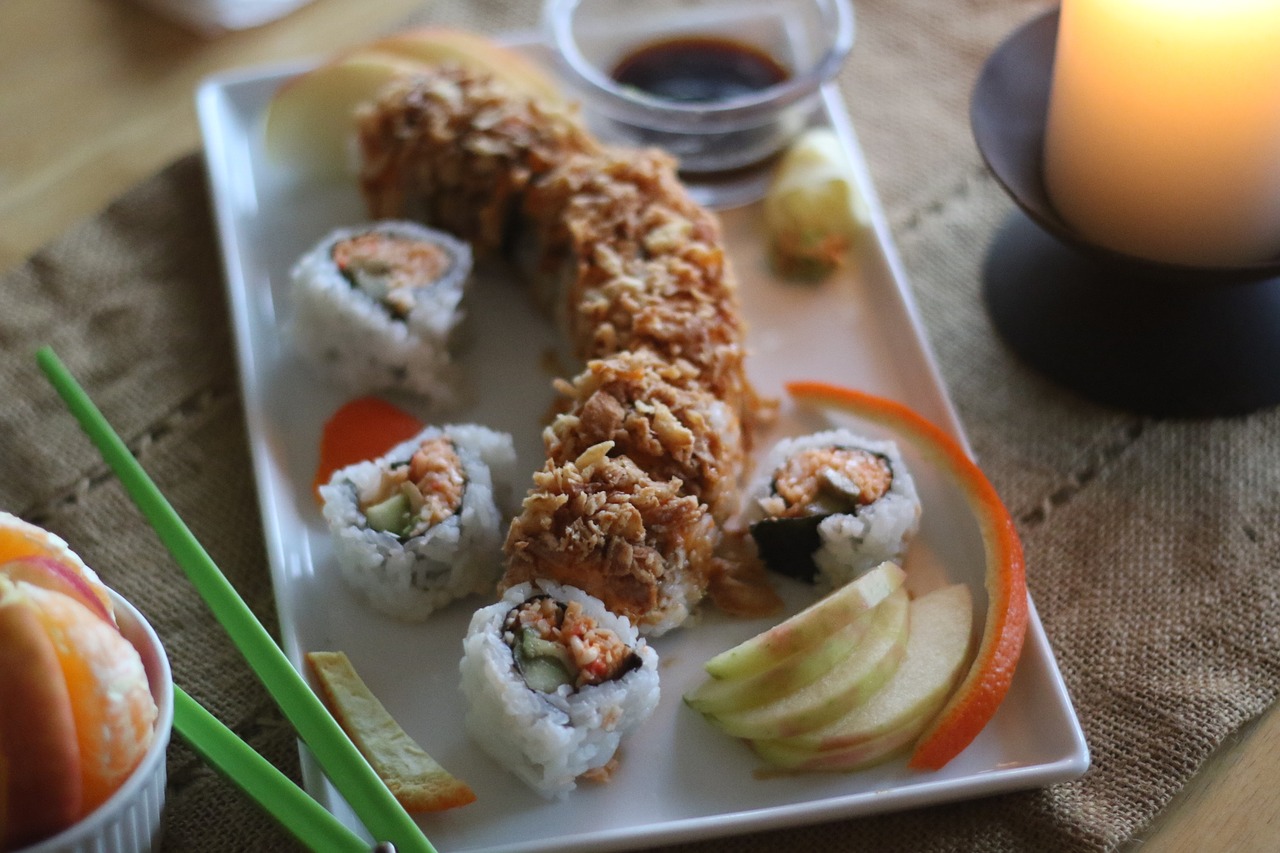 sushi food arrangement dragon roll free photo
