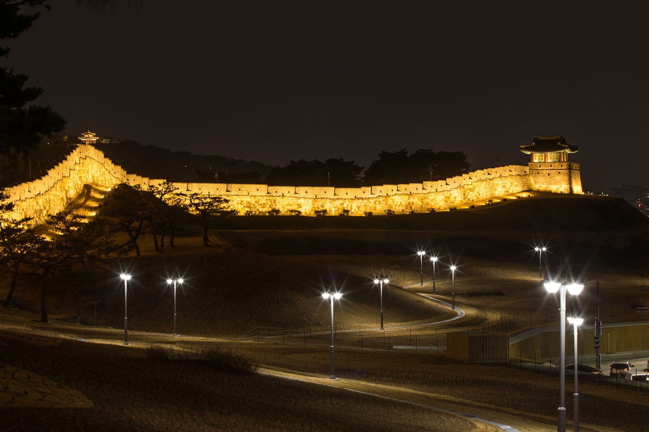 suwon hwaseong  night view  castle free photo