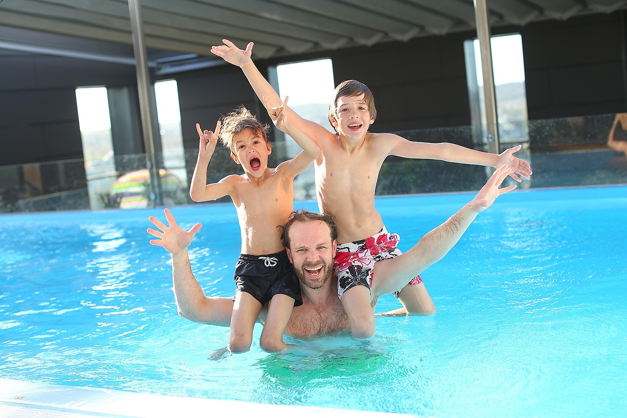 swimming pool children father free photo