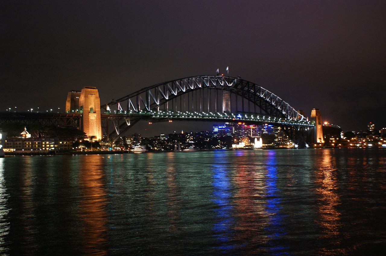 sydney harbour bridge night reflection free photo