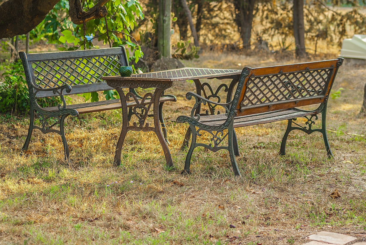 table and benches garden furniture cast iron free photo