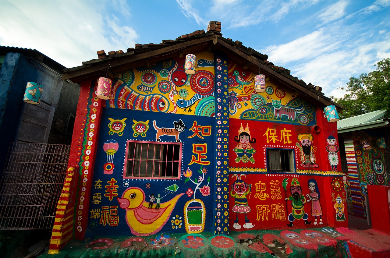 taichung rainbow village taiwan wall art colorful painted houses free photo
