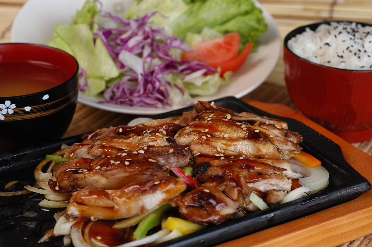 teriyaki chicken  japan cuisine  hot plate free photo