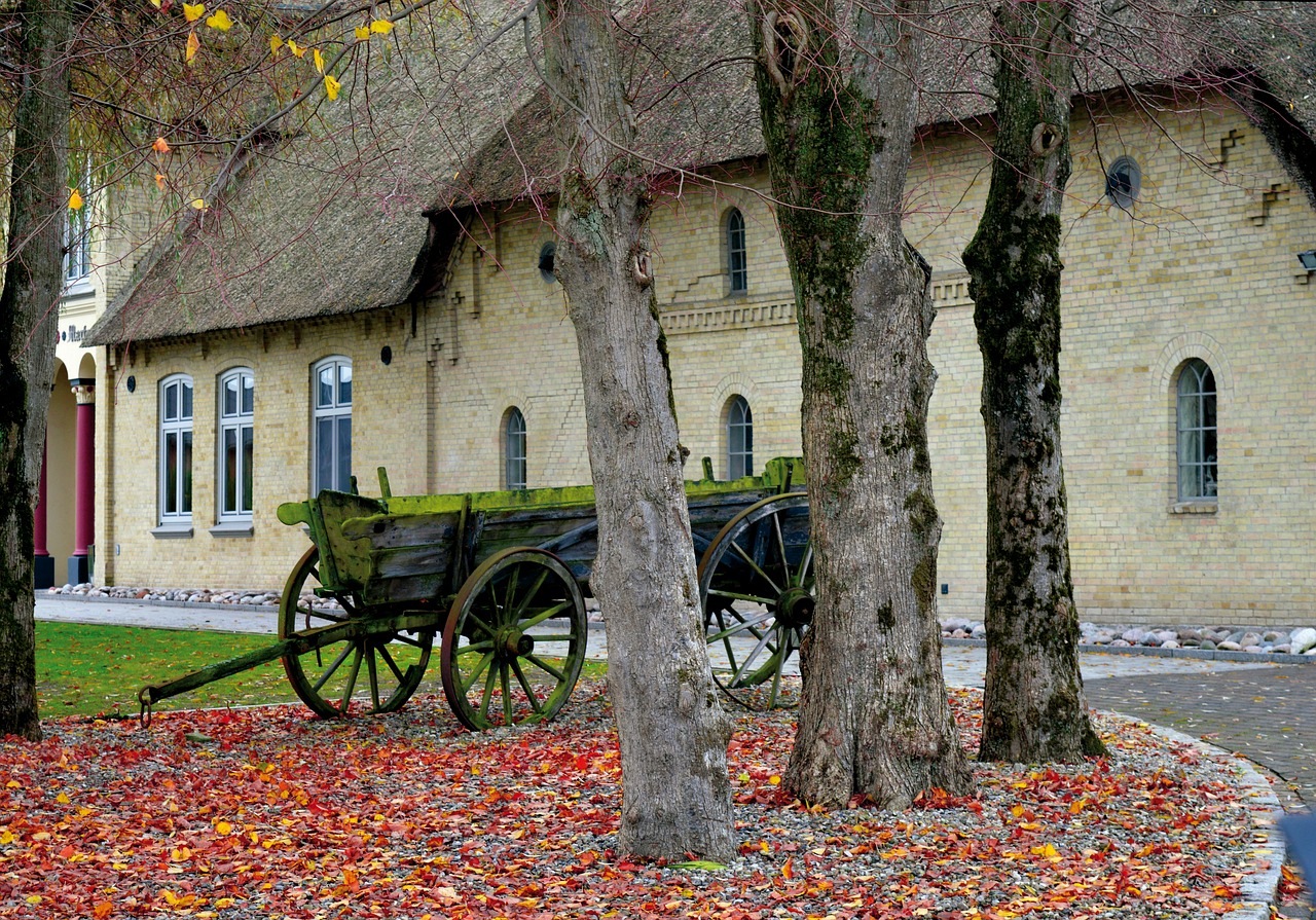 thatched cottage  old wooden wagon  trees free photo