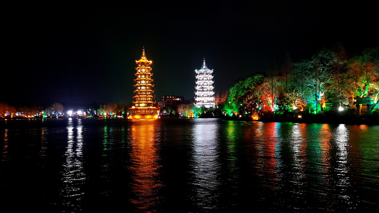 the twin towers guilin night view free photo