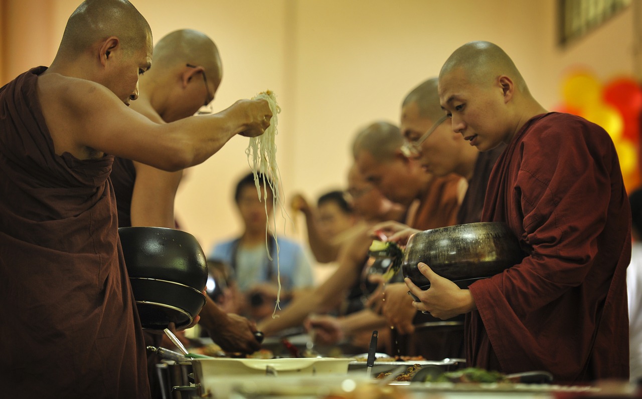 theravada buddhism sangha taking alms food monks having lunch free photo