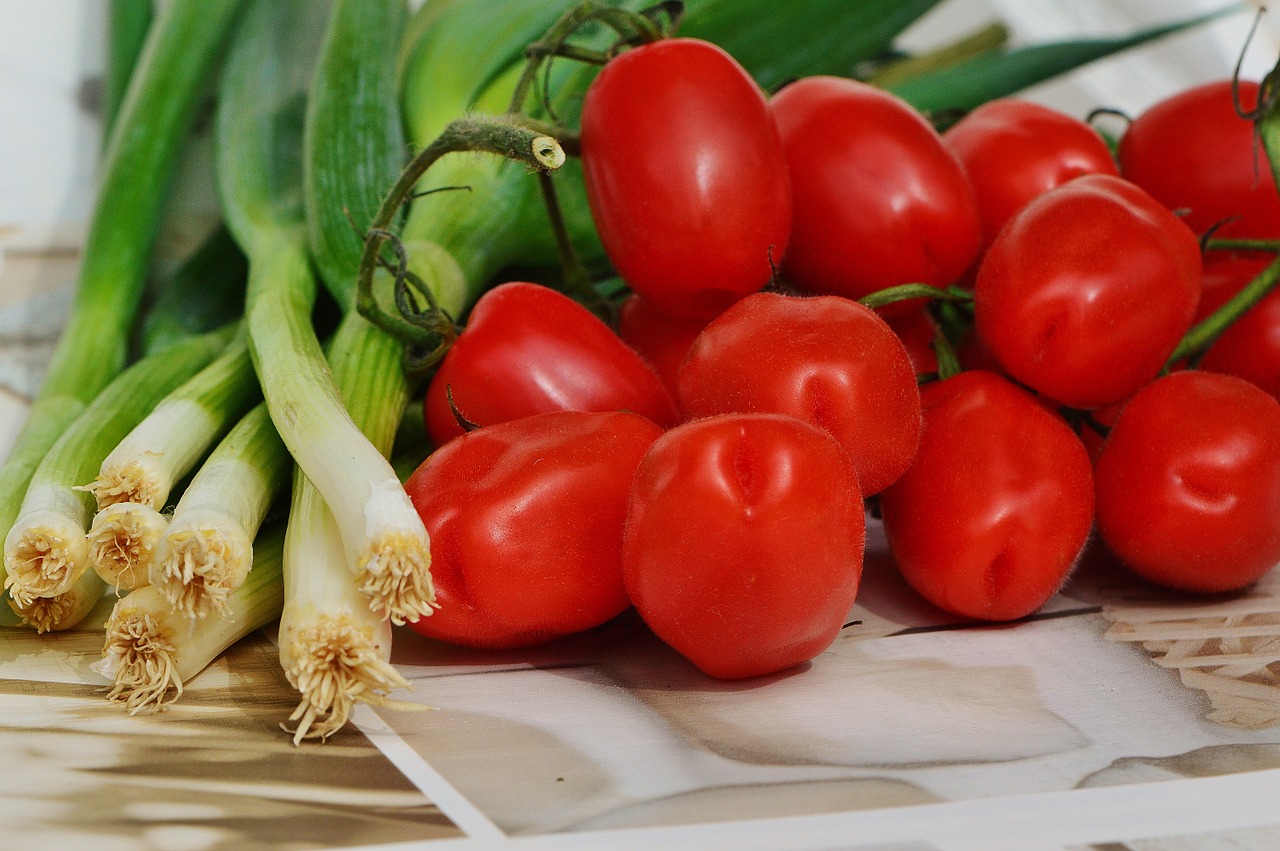 tomatoes spring onions vegetables free photo