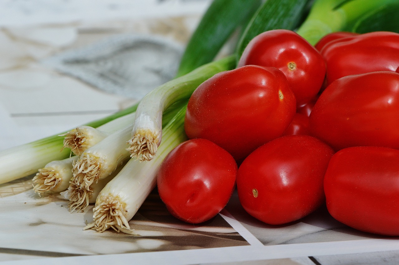 tomatoes spring onions vegetables free photo