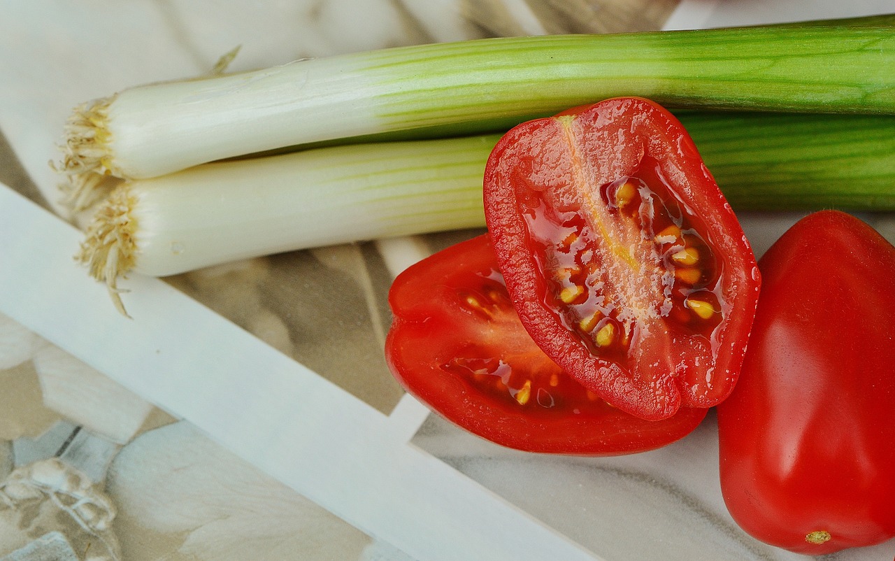 tomatoes spring onions vegetables free photo