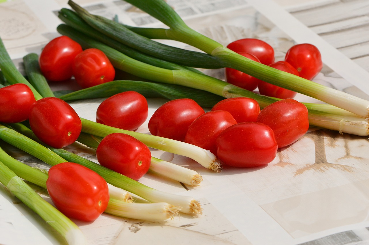 tomatoes spring onions vegetables free photo