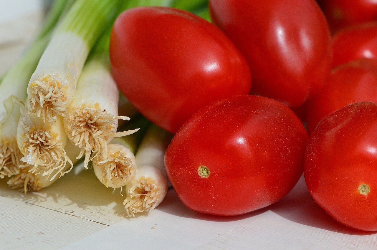 tomatoes spring onions vegetables free photo