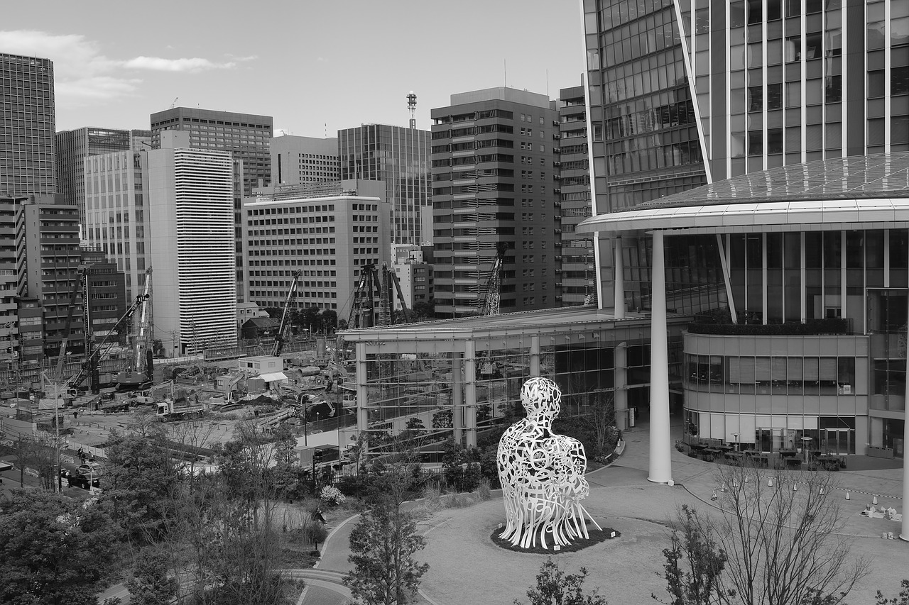 toranomon hills black and white monument free photo