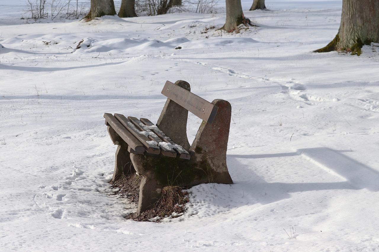 tranquility base  snow  wooden bench free photo