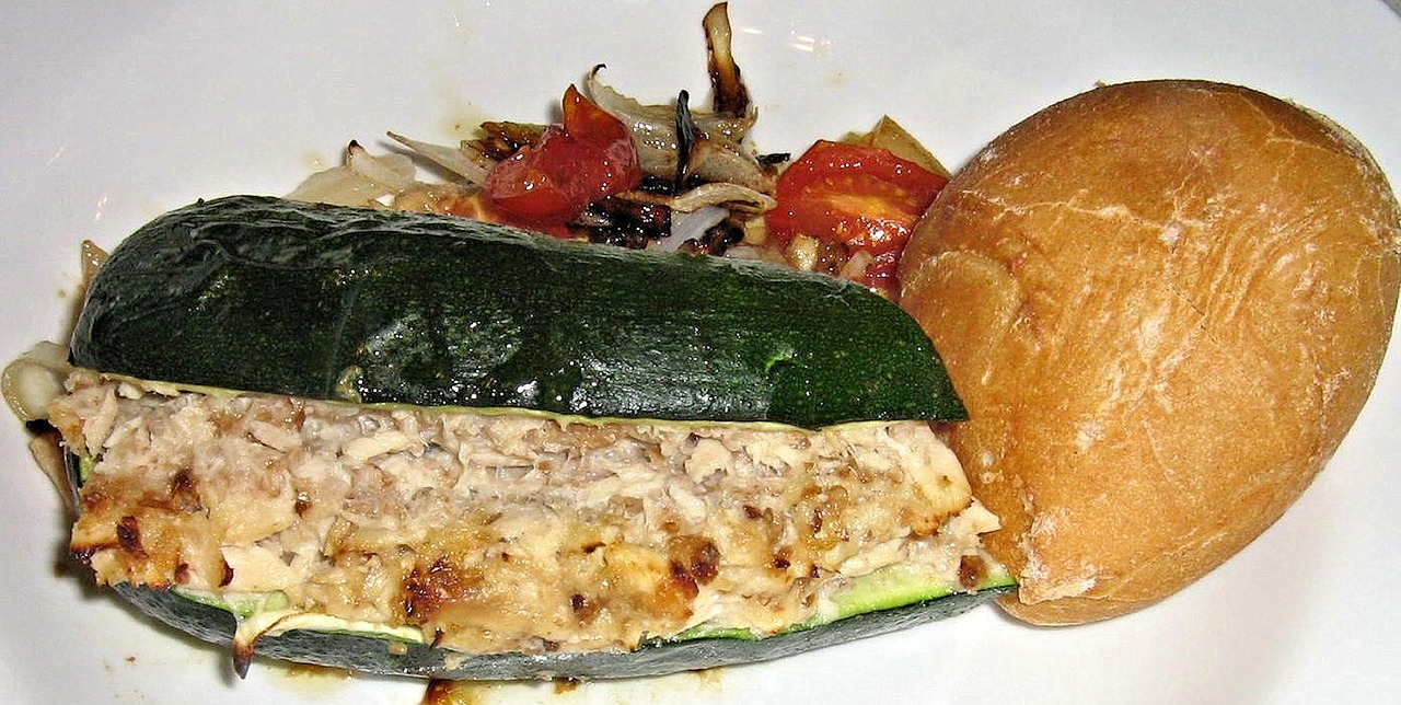 tuna stuffed zucchini white bread tomatoes onions free photo