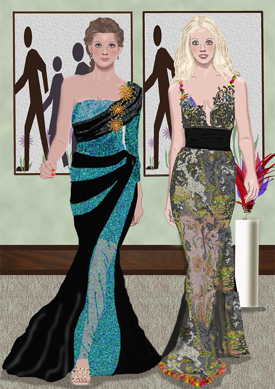 two models  evening wear  poster on walls free photo