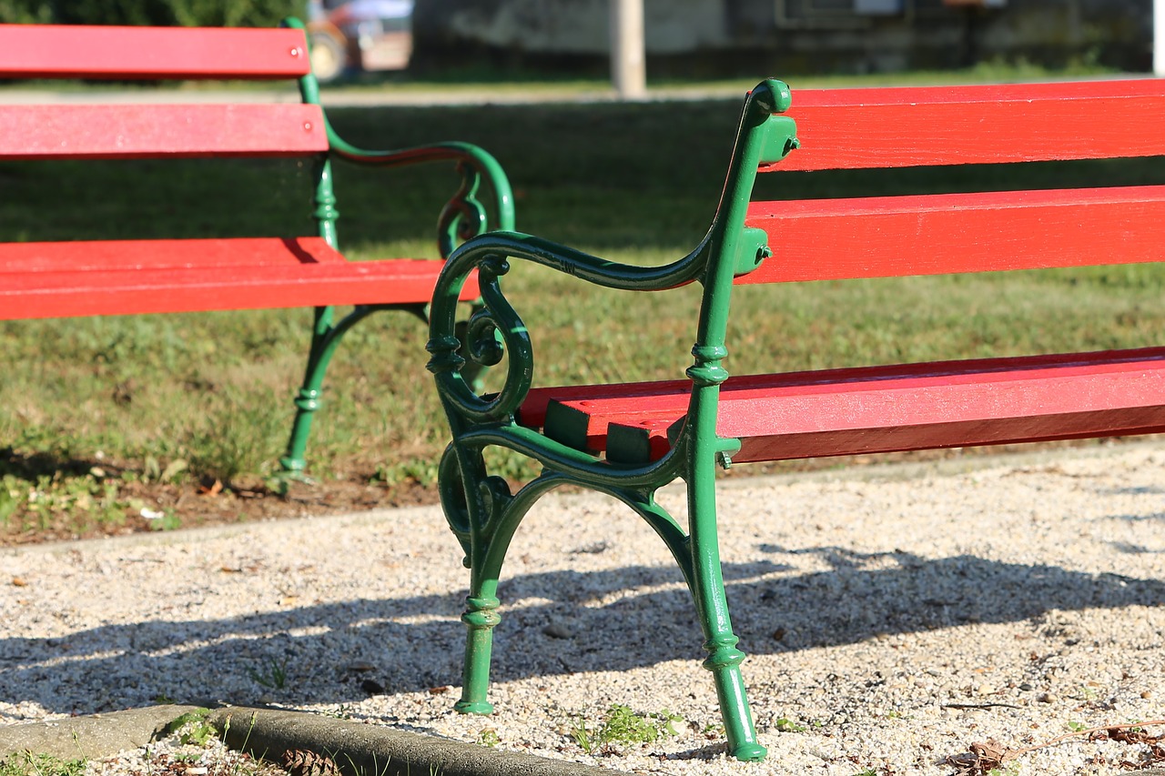 two red benches  park  green free photo