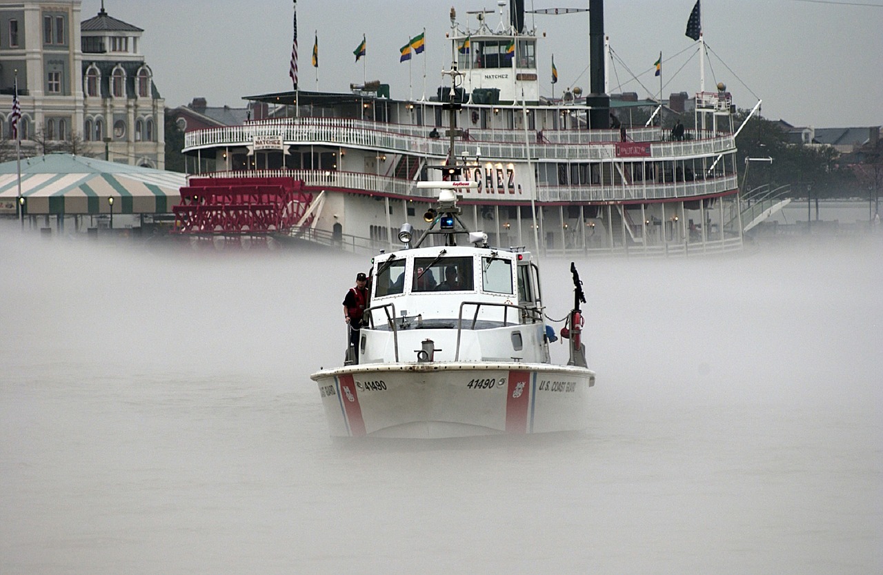 us coast guard patrol boat fog mississippi river free photo
