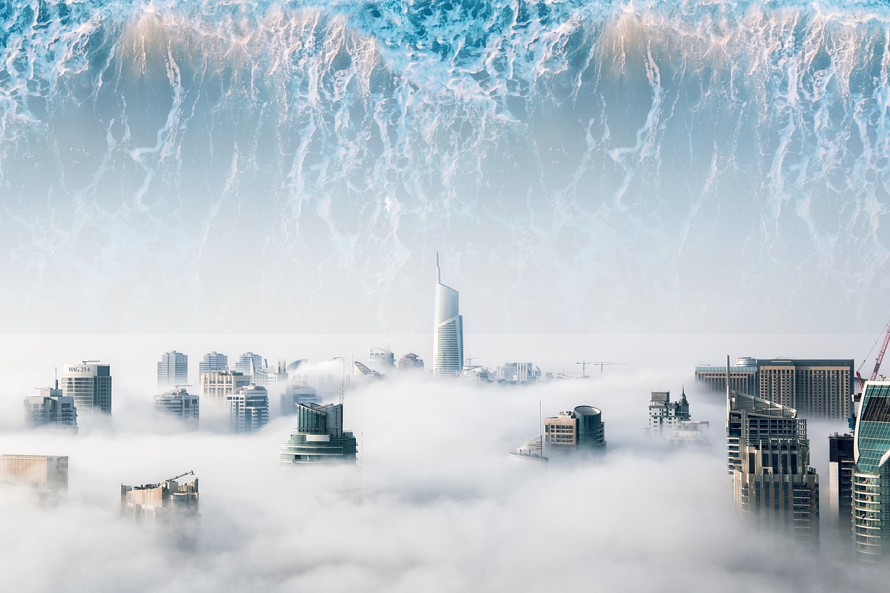utopia  waves  a city with clouds free photo