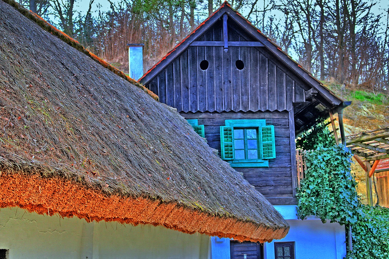 vacation thatched roof log cabin free photo