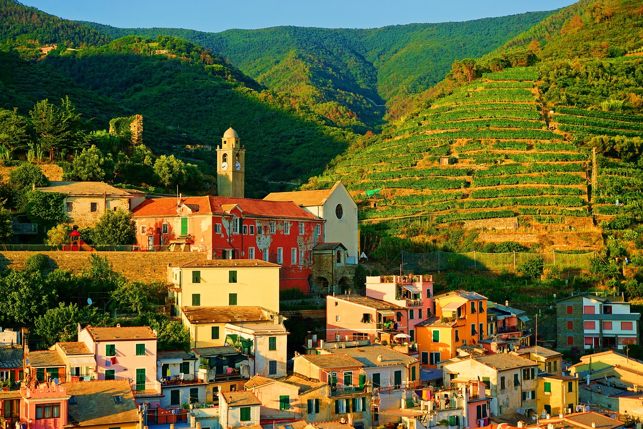 village, italy, travel, summer, hill, church, liguria, architecture, colorful, old, mediterranean, town, houses, scenic, cliff, mountains, vernazza, europe, tourism, vineyard, outdoor, destination, landscape, beautiful, holiday,free pictures, free photos, free images, royalty free, free illustrations, public domain