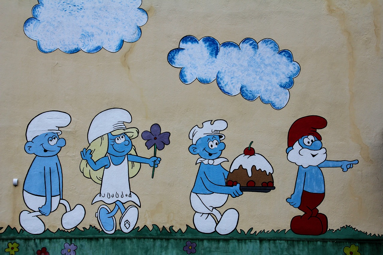 wall painting smurfs wall free photo