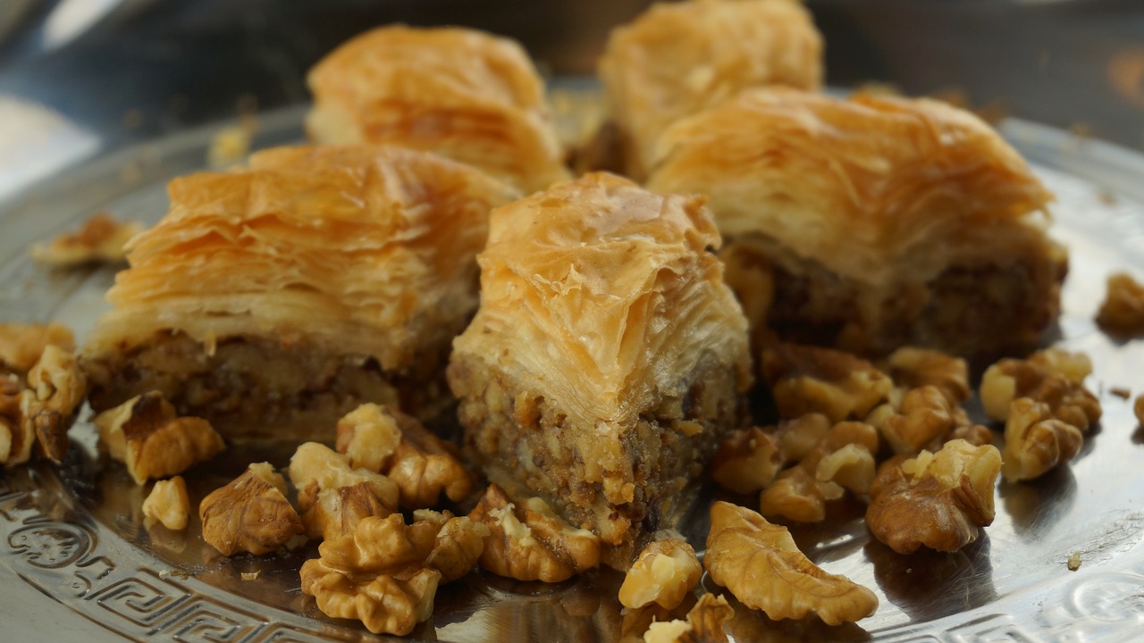 walnut baklava  oriental kitchen  sweet pastries free photo
