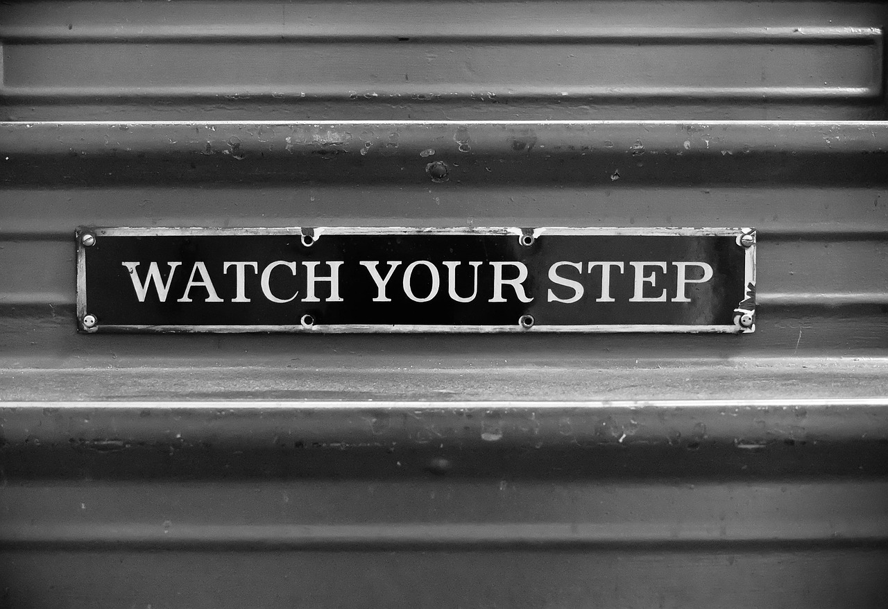 watch your step staircase sign black and white free photo