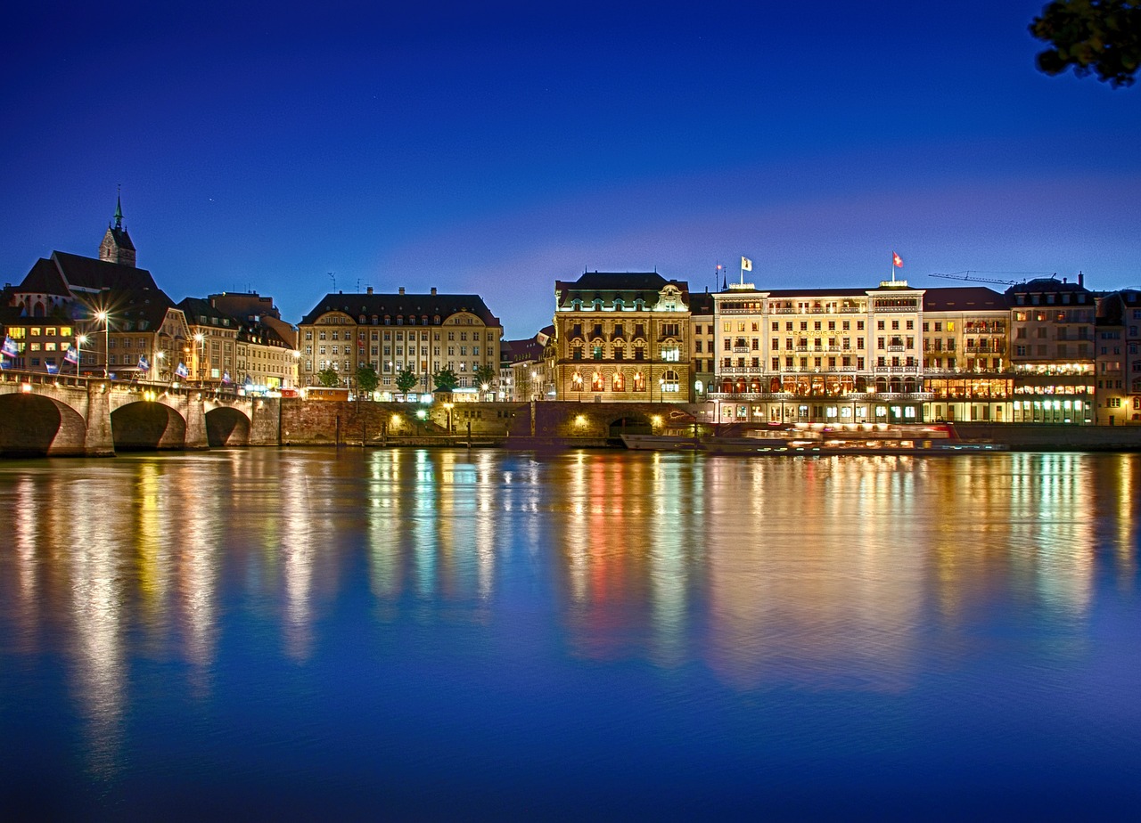 basel rhine blue hour free photo