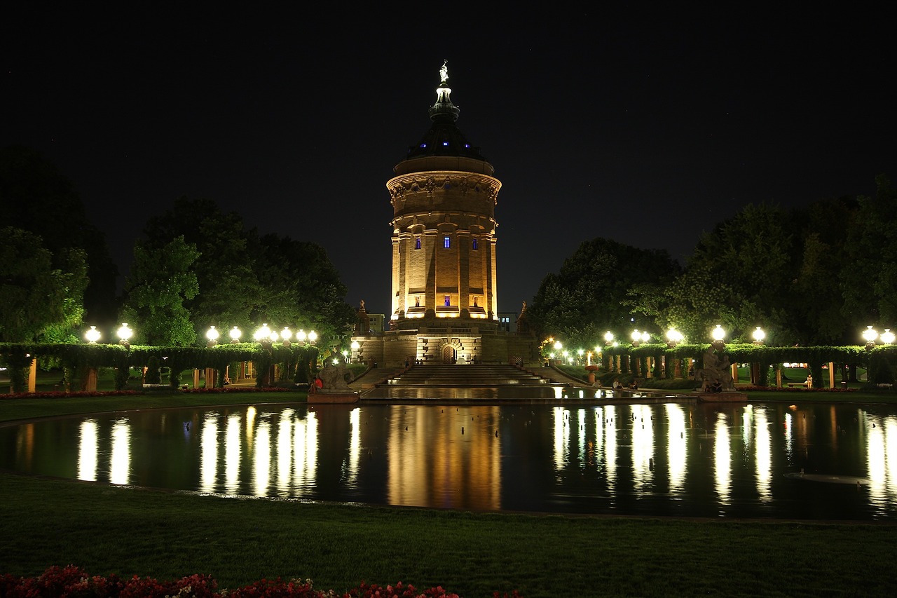 water tower city night free photo