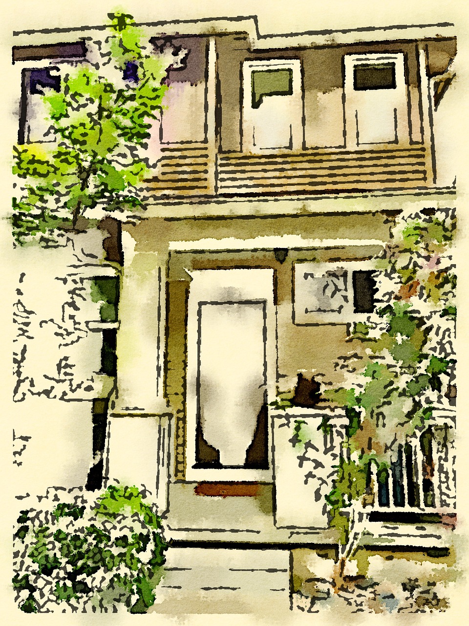 watercolor drawing front door free photo