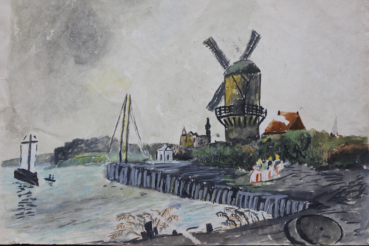 watercolour  windmill  holland free photo