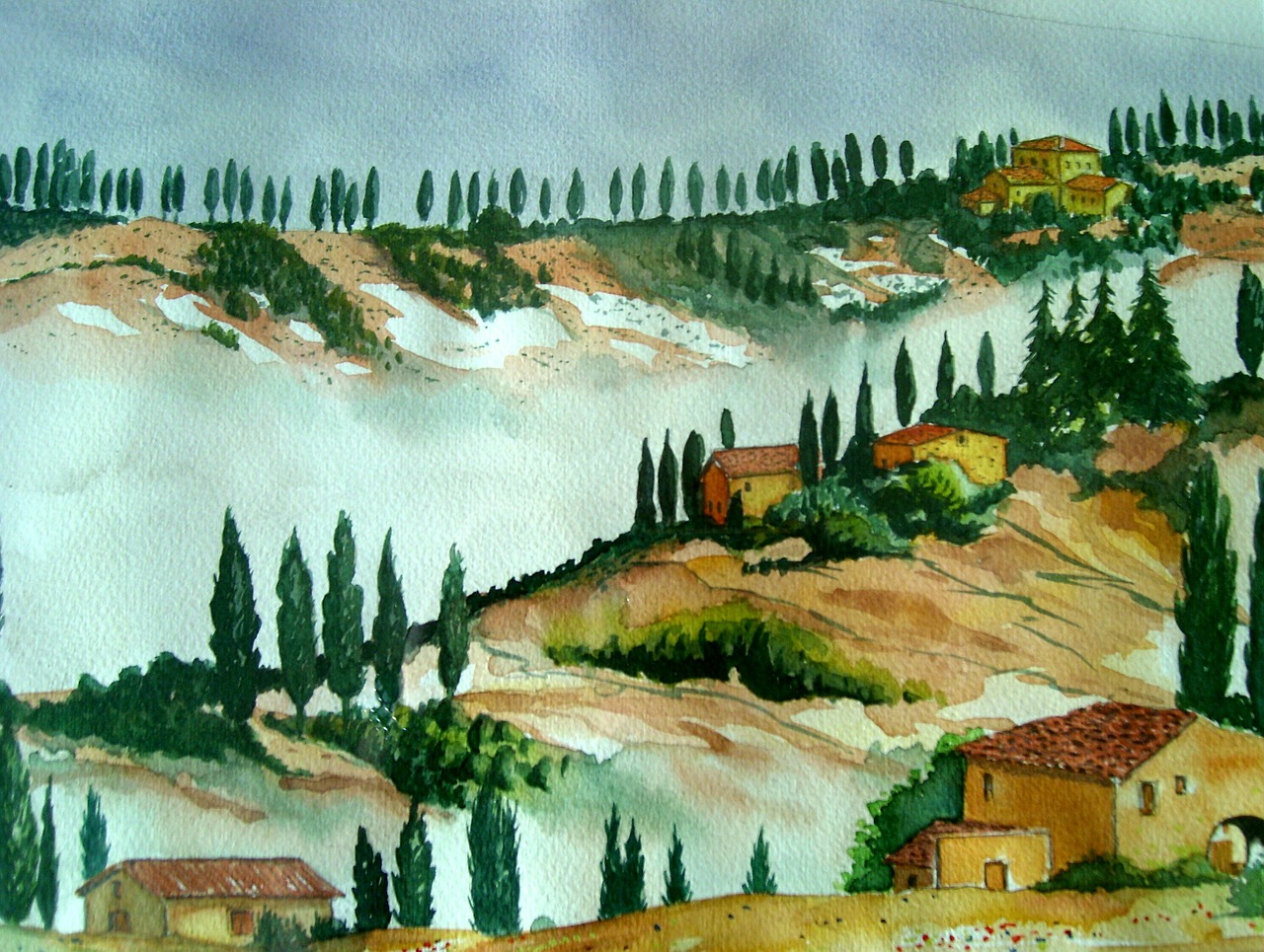 watercolour,painting,art,landscape,tuscany,fog,free pictures, free photos, free images, royalty free, free illustrations, public domain