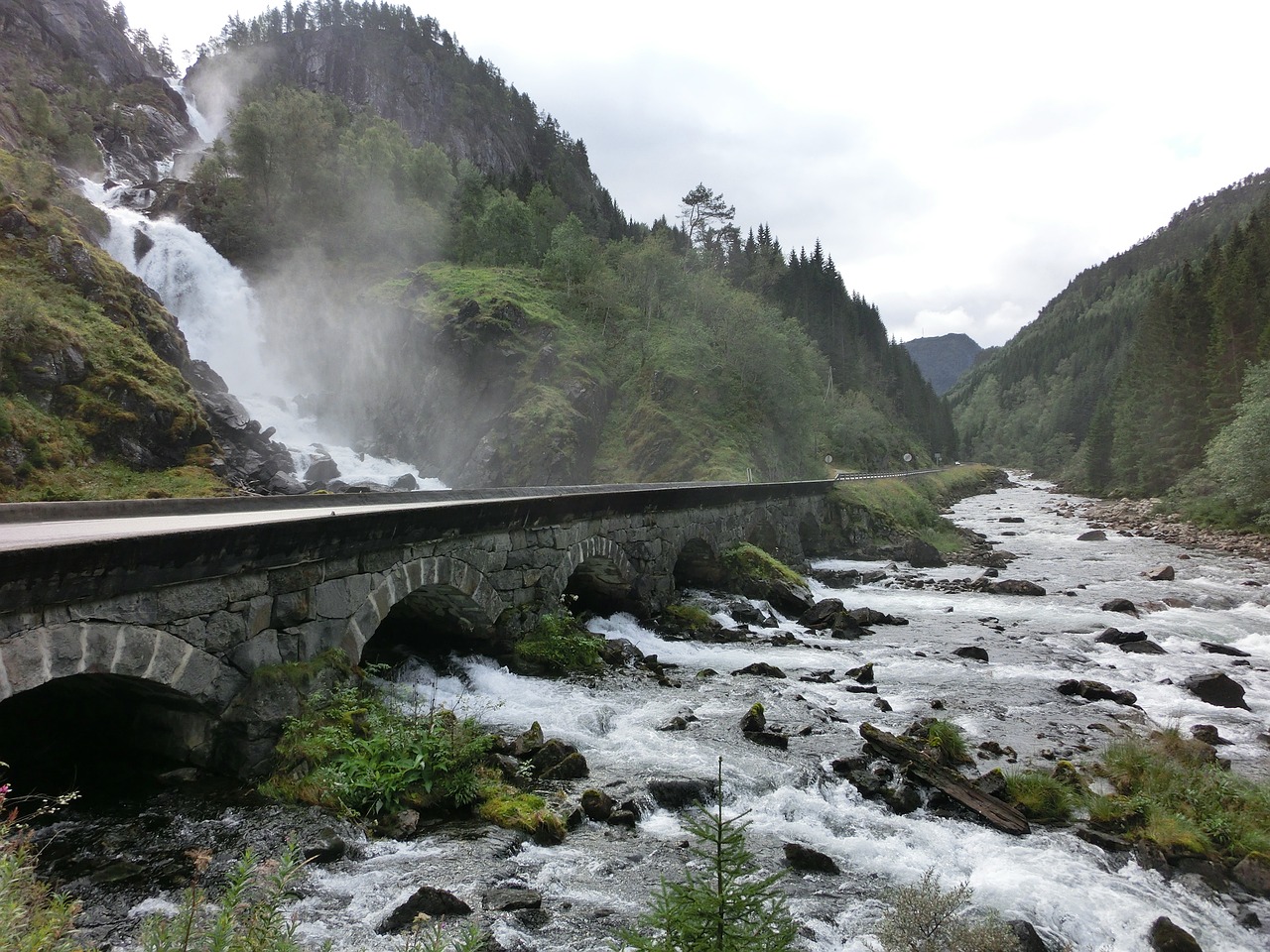 waterfall bridge stone bridge free photo