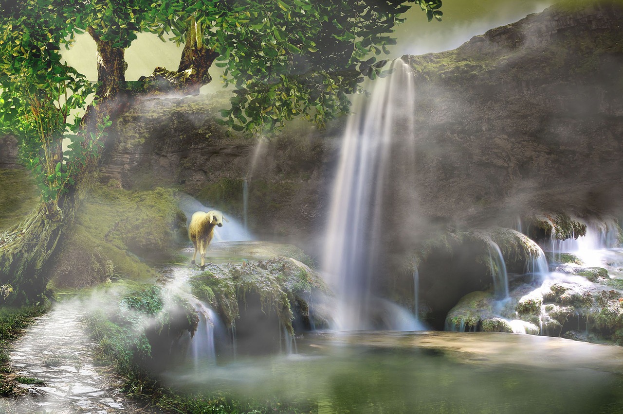 digital art waterfall forest free photo