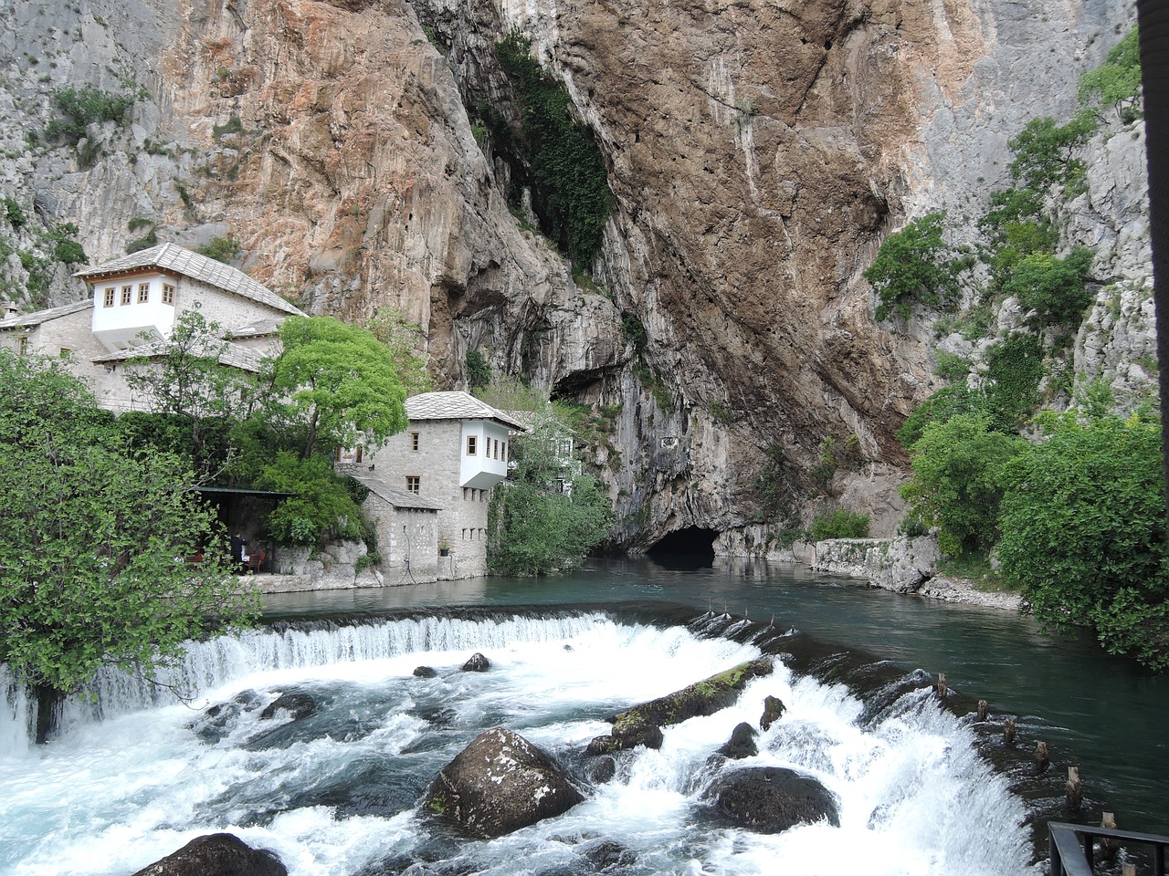 waterfall house river free photo