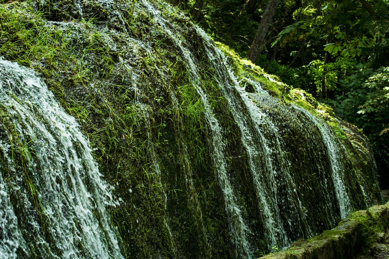 waterfall  stone monastery  nature free photo