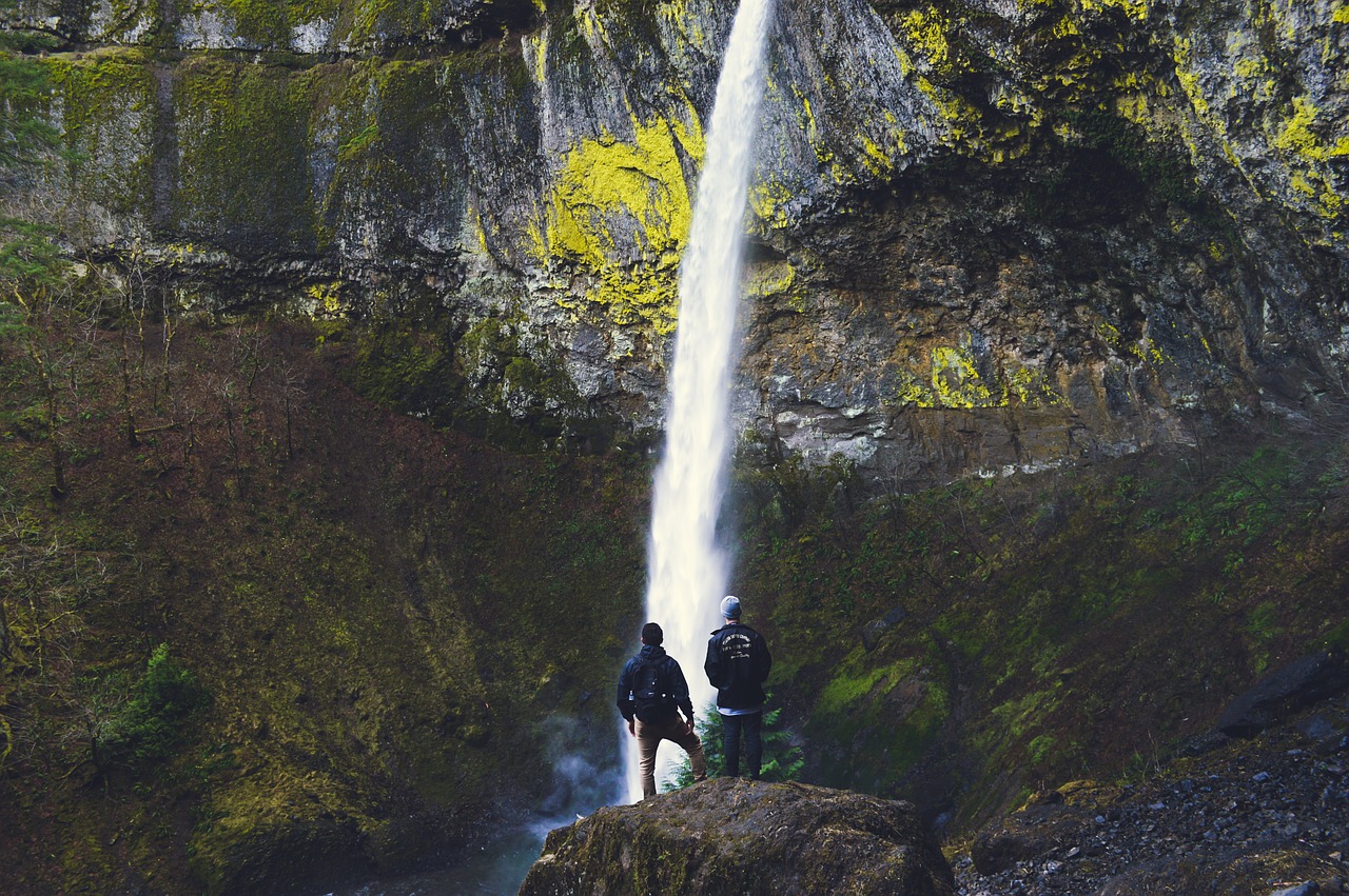 waterfall mountain hikers free photo