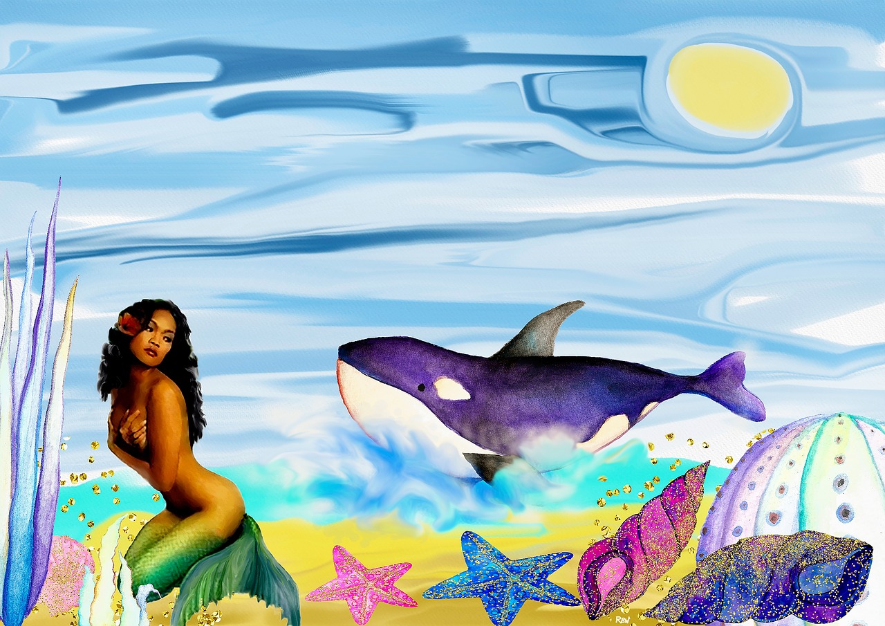 whale and mermaid beach art wall art free photo