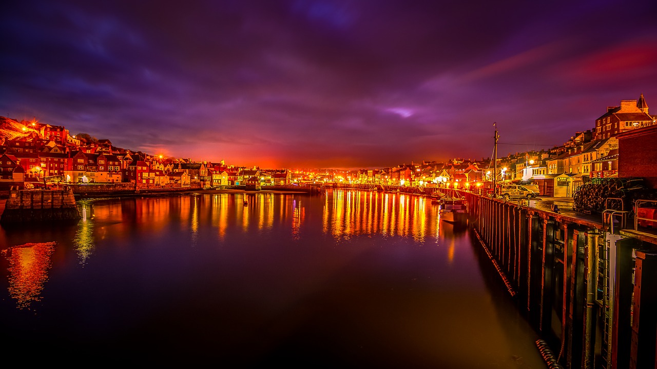 whitby harbour  reflected lights  yorkshire free photo