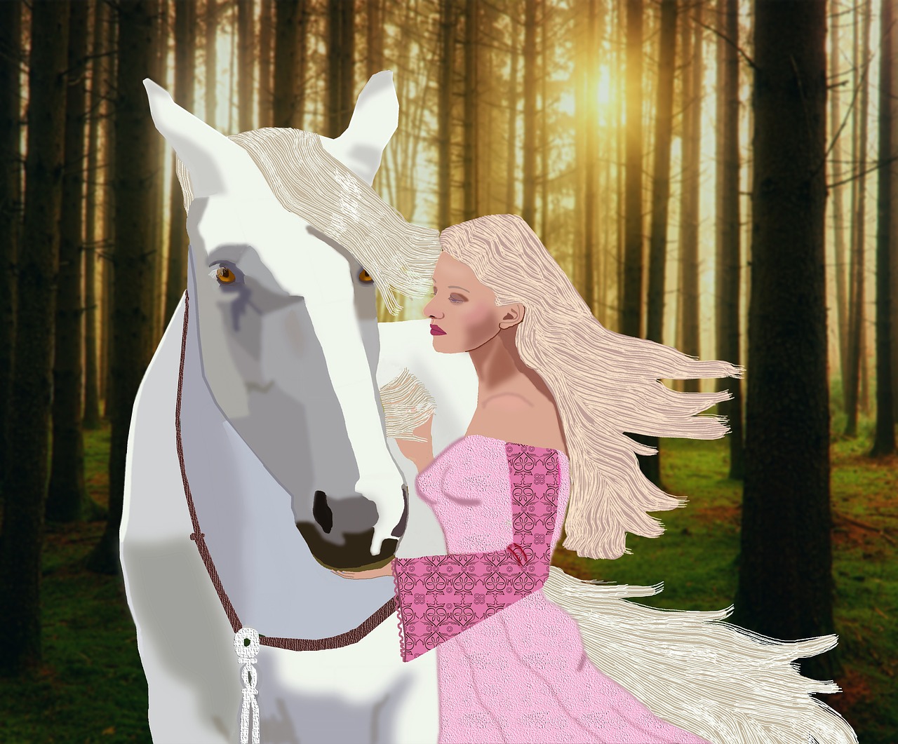 white horse  pretty blonde woman  forest background free photo