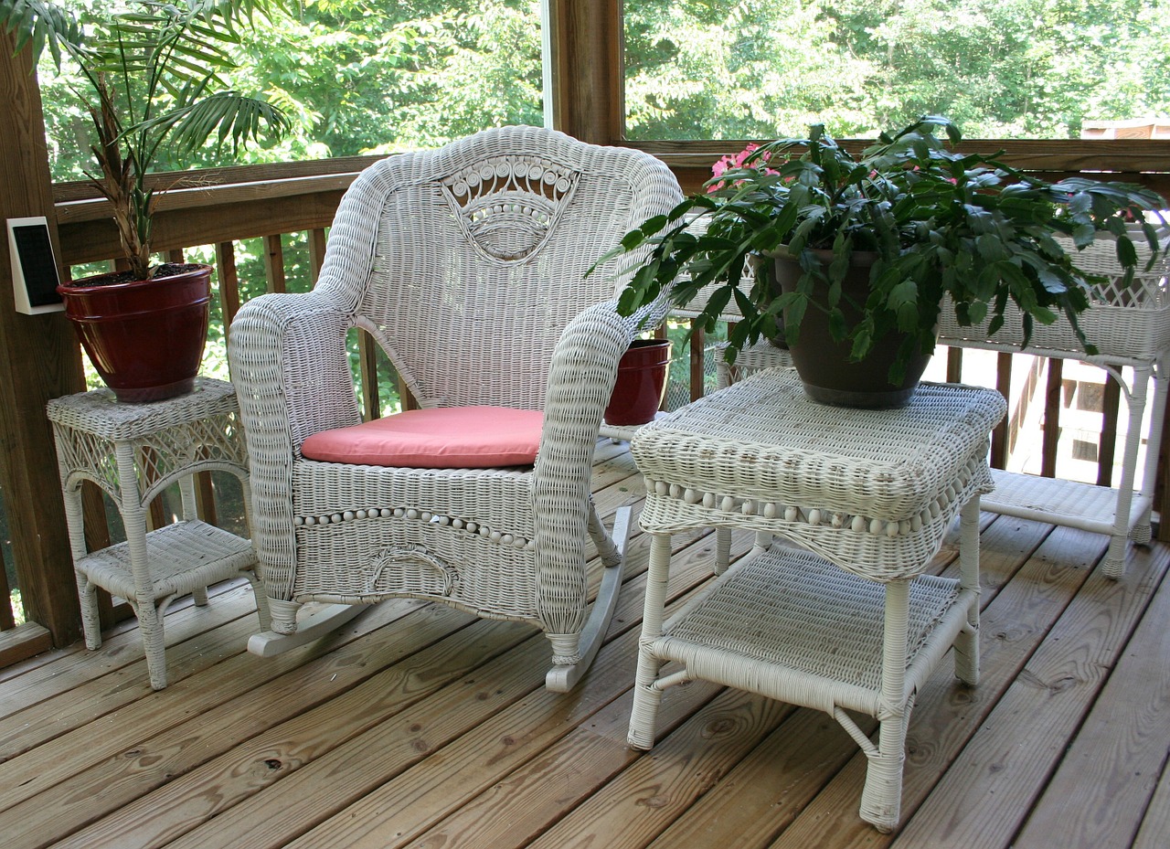 wicker rocking chair porch white table free photo