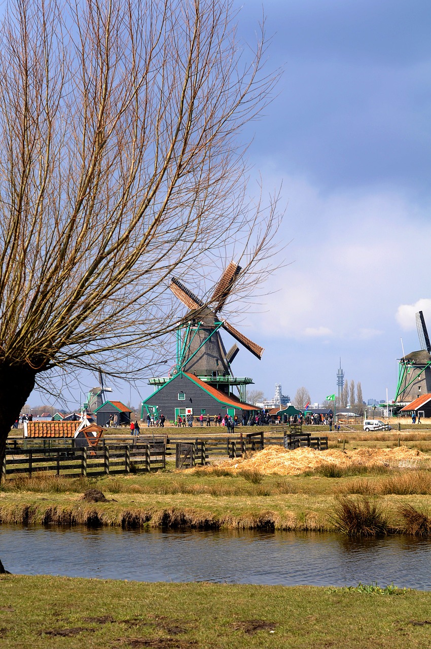 windmill river scenary free photo