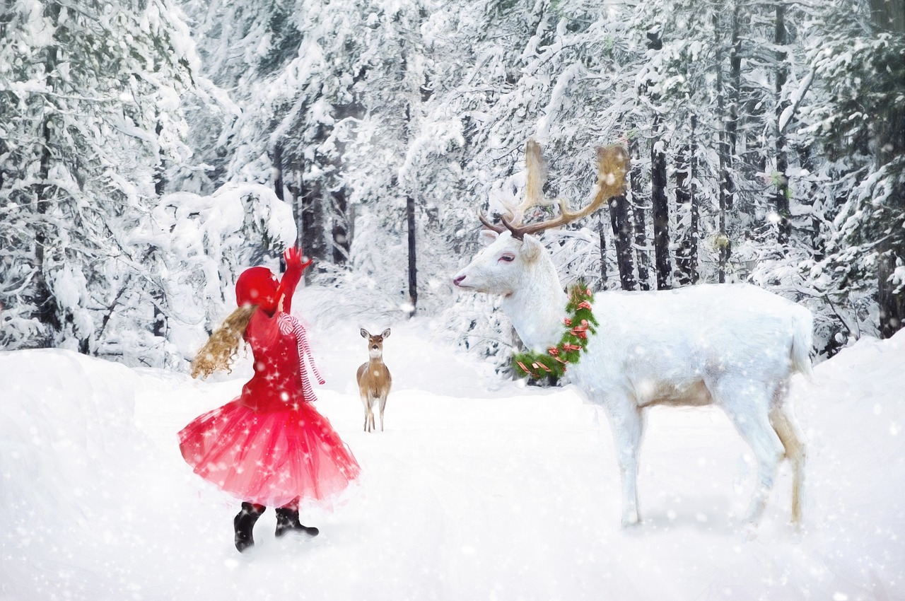 winter little girl dancing white deer free photo