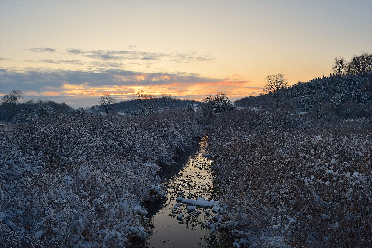 winter stream sunrise free photo