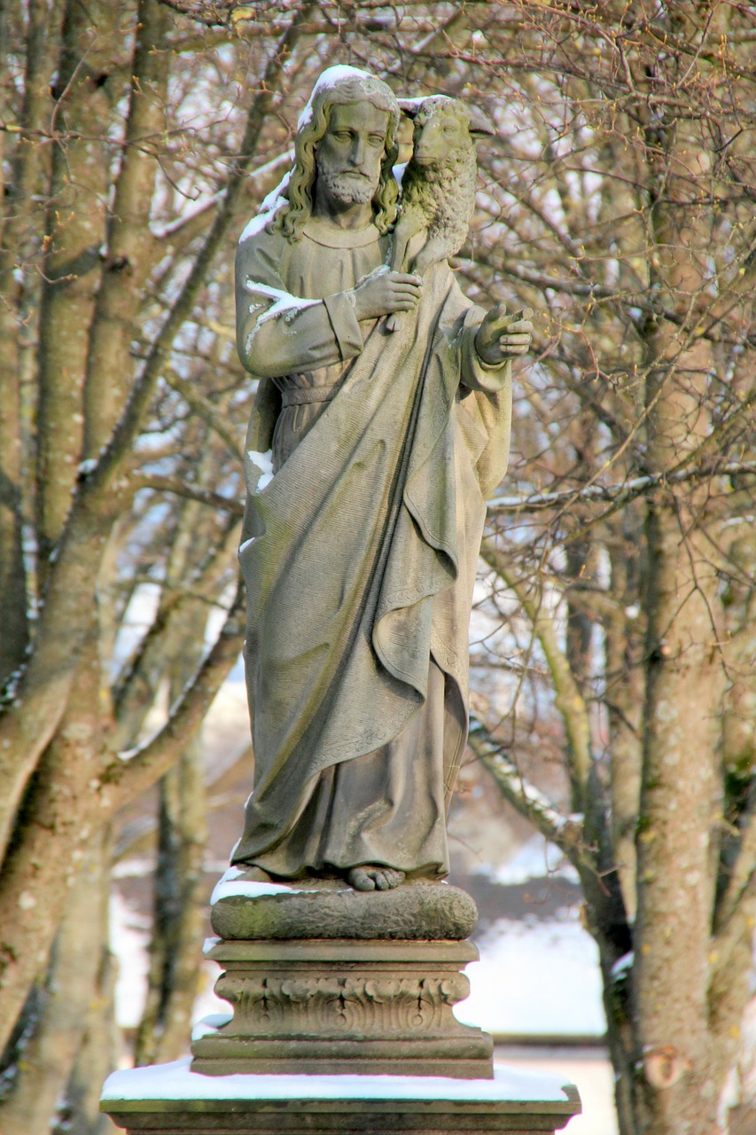 winter,cemetery,sculpture,jesus,shepherd,pastor,church of the good shepherd,free pictures, free photos, free images, royalty free, free illustrations, public domain